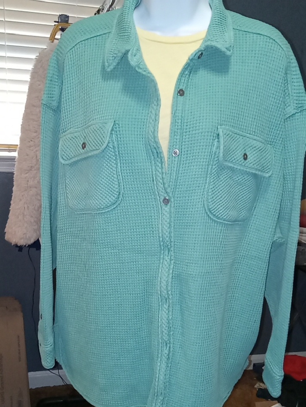 aerie Light Teal Waffle Knit Button-Front Shirt